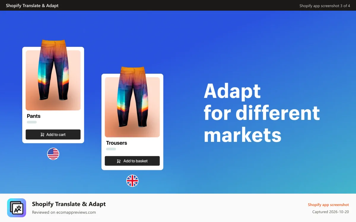 Shopify Translate & Adapt Shopify app screenshot: Adapt for different markets