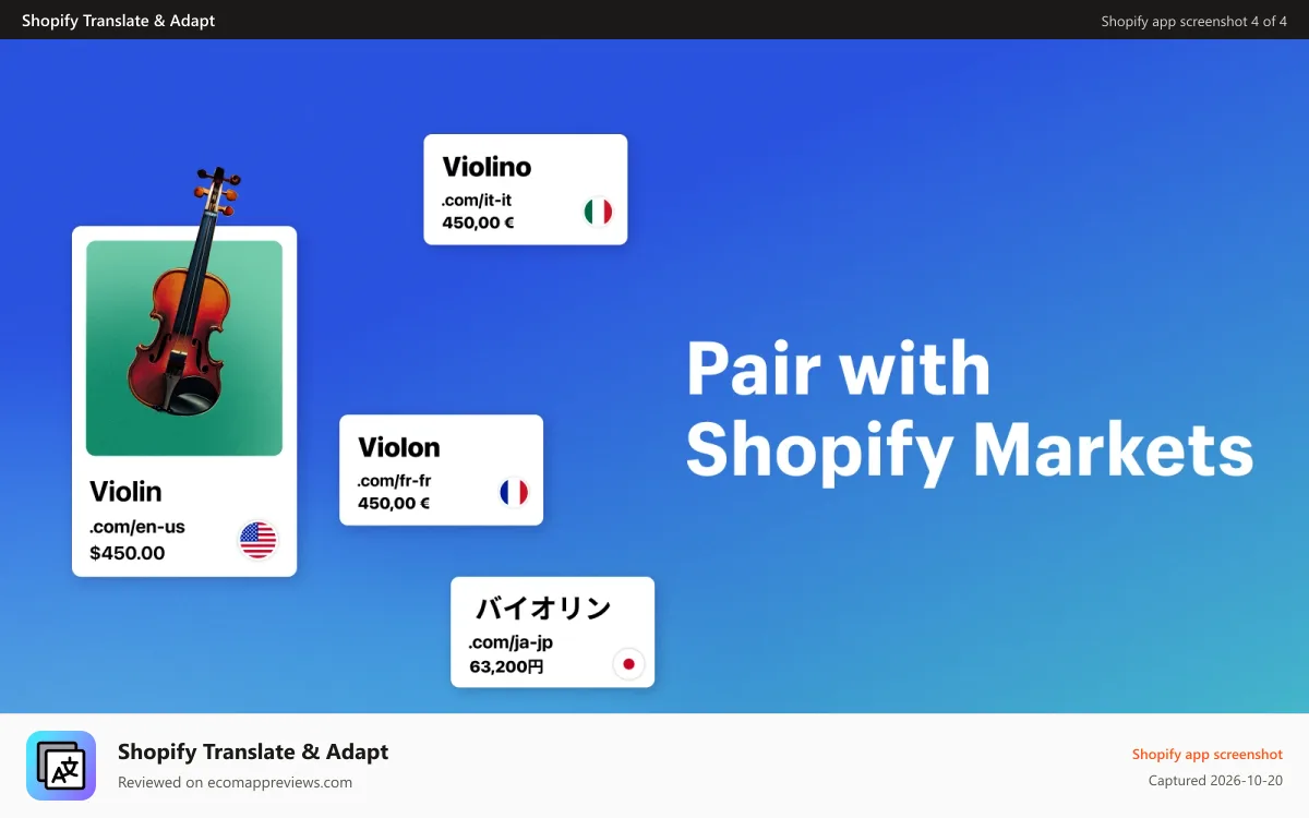 Shopify Translate & Adapt Shopify app screenshot: Pair with Shopify Markets