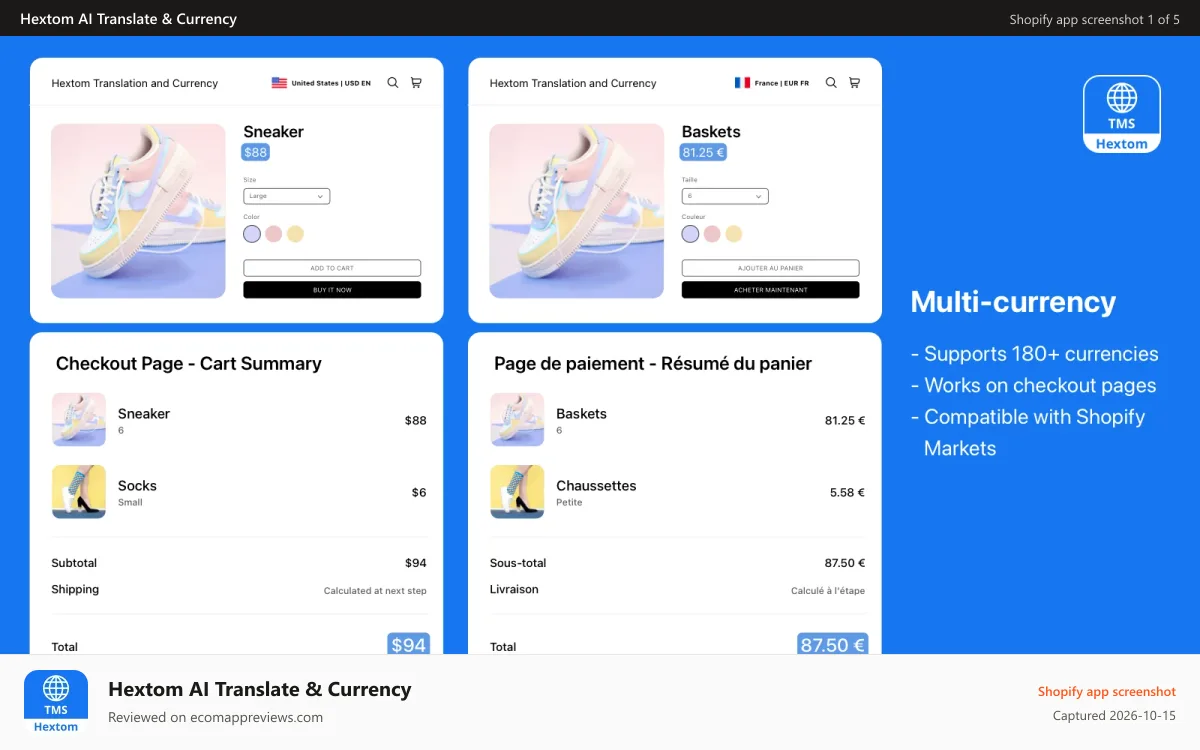 Hextom AI Translate & Currency Shopify app screenshot: Hextom: Translate & Currency, localization for Shopify stores
