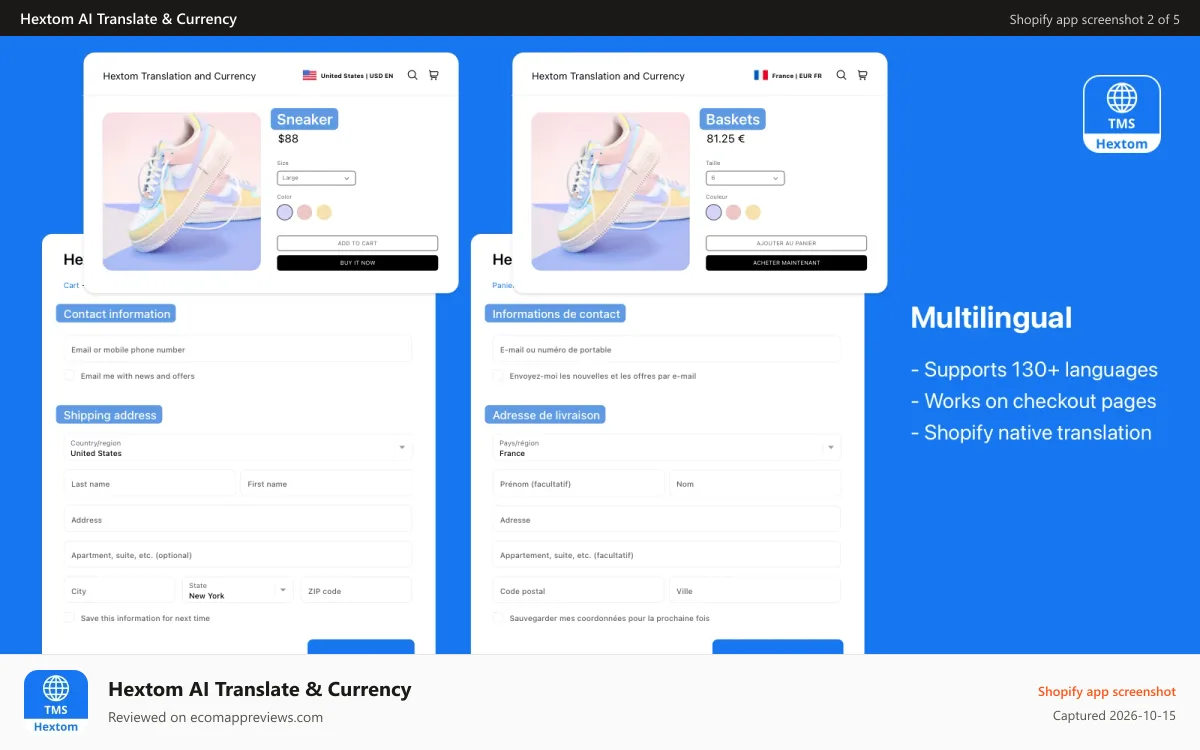 Hextom AI Translate & Currency Shopify app screenshot: Hextom: Translate & Currency, localization for Shopify stores