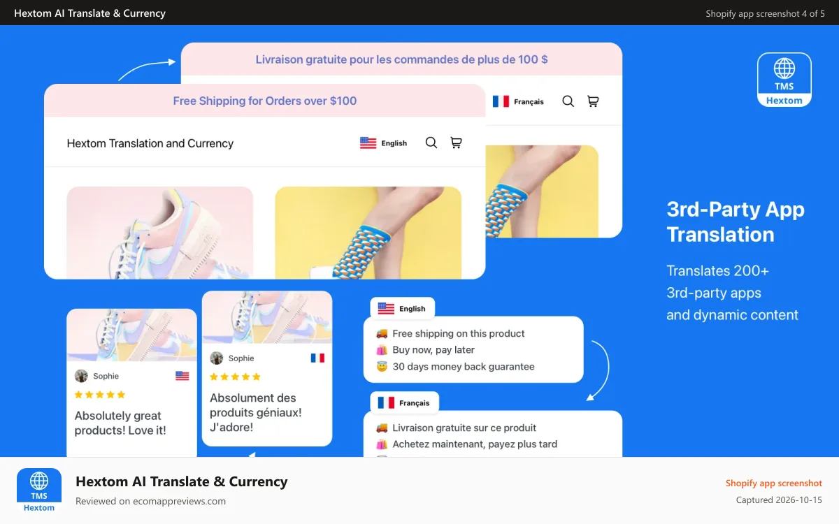 Hextom AI Translate & Currency Shopify app screenshot: Hextom: Translate & Currency, localization for Shopify stores