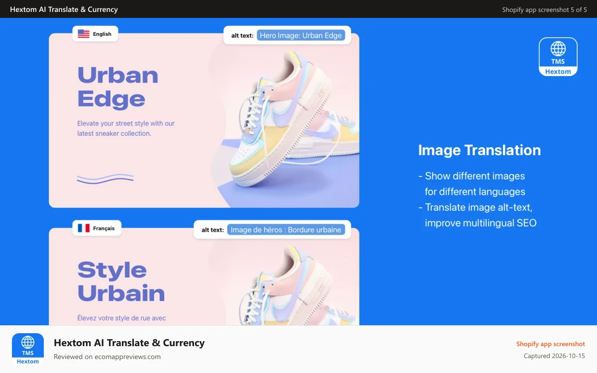 Hextom AI Translate & Currency Shopify app screenshot: Hextom: Translate & Currency, localization for Shopify stores