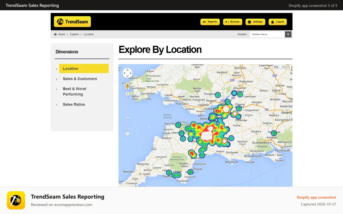 TrendSeam Sales Reporting Shopify app screenshot: Heatmap of customer sales