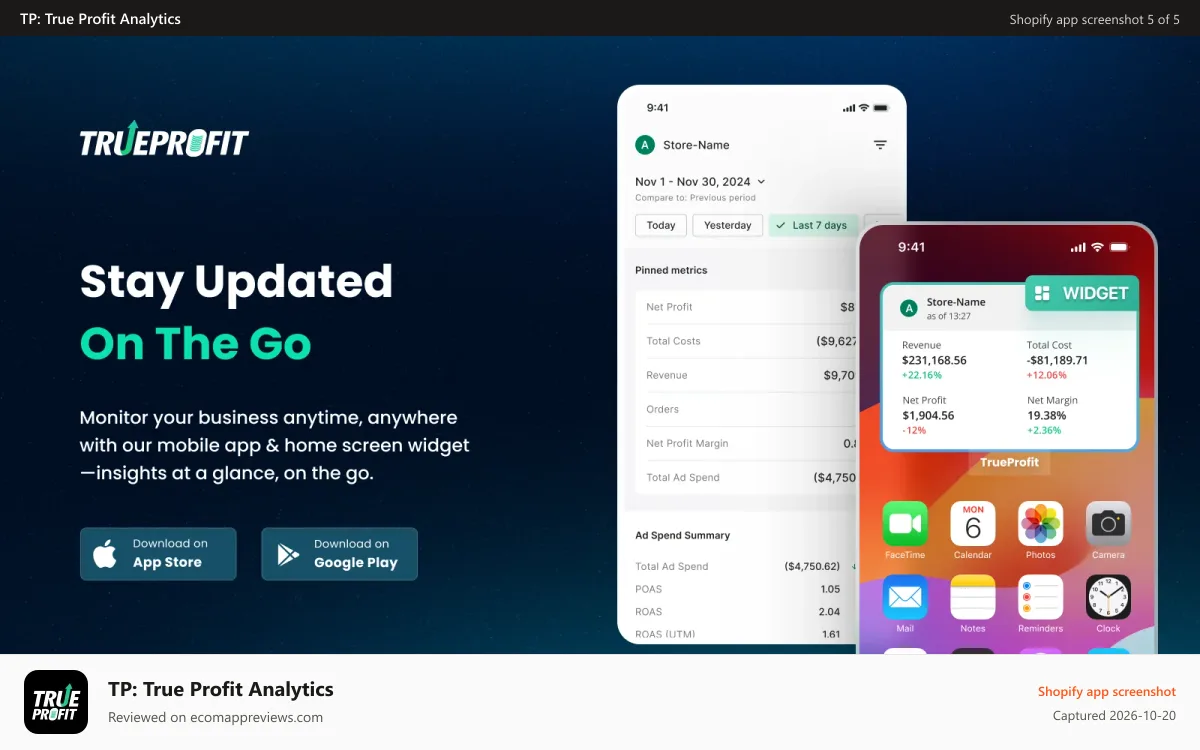 TP: True Profit Analytics Shopify app screenshot: TrueProfit's mobile app on iOS and Android