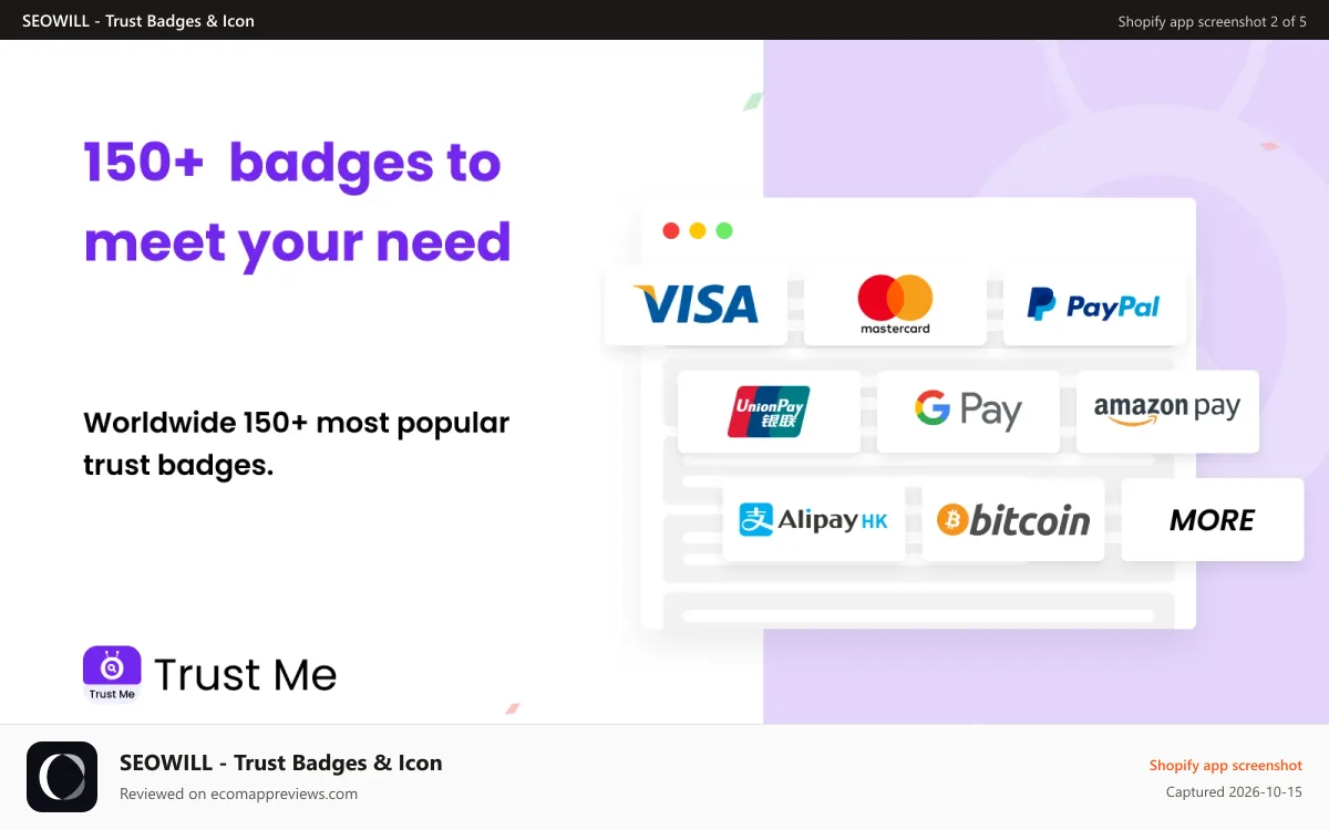 SEOWILL ‑ Trust Badges & Icon Shopify app screenshot: 150+ Free Badges_Trust Me - Free Trust Badges