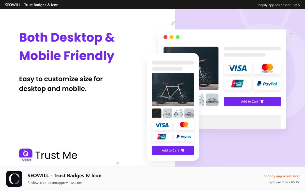 SEOWILL ‑ Trust Badges & Icon Shopify app screenshot: Separately Mobile Setting_Trust Me - Free Trust Badges