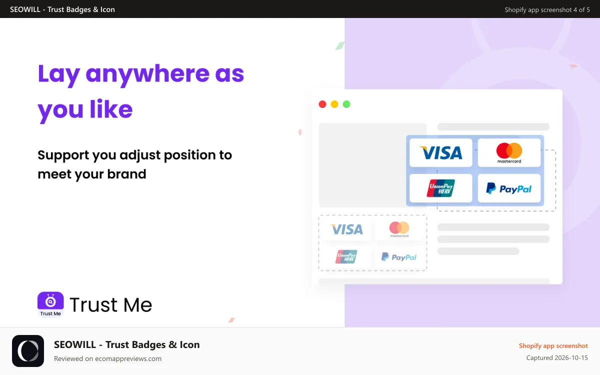 SEOWILL ‑ Trust Badges & Icon Shopify app screenshot: Custom Position_Trust Me - Free Trust Badges