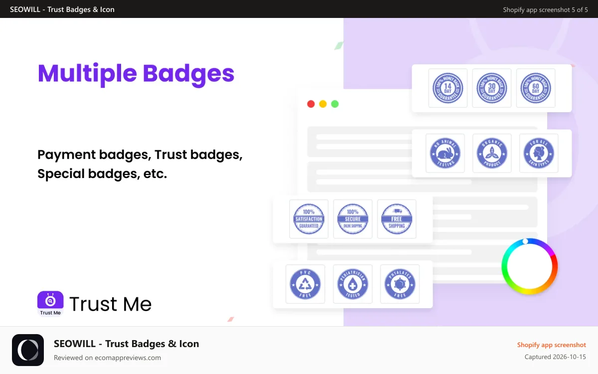 SEOWILL ‑ Trust Badges & Icon Shopify app screenshot: Multiple Trust Badges_Trust Me - Free Trust Badges
