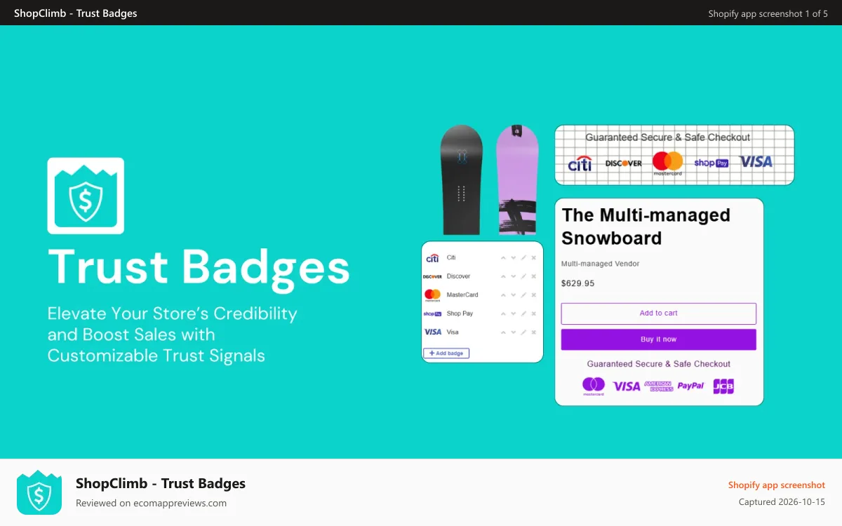 ShopClimb ‑ Trust Badges Shopify app screenshot: Shopify trust badges for secure checkout