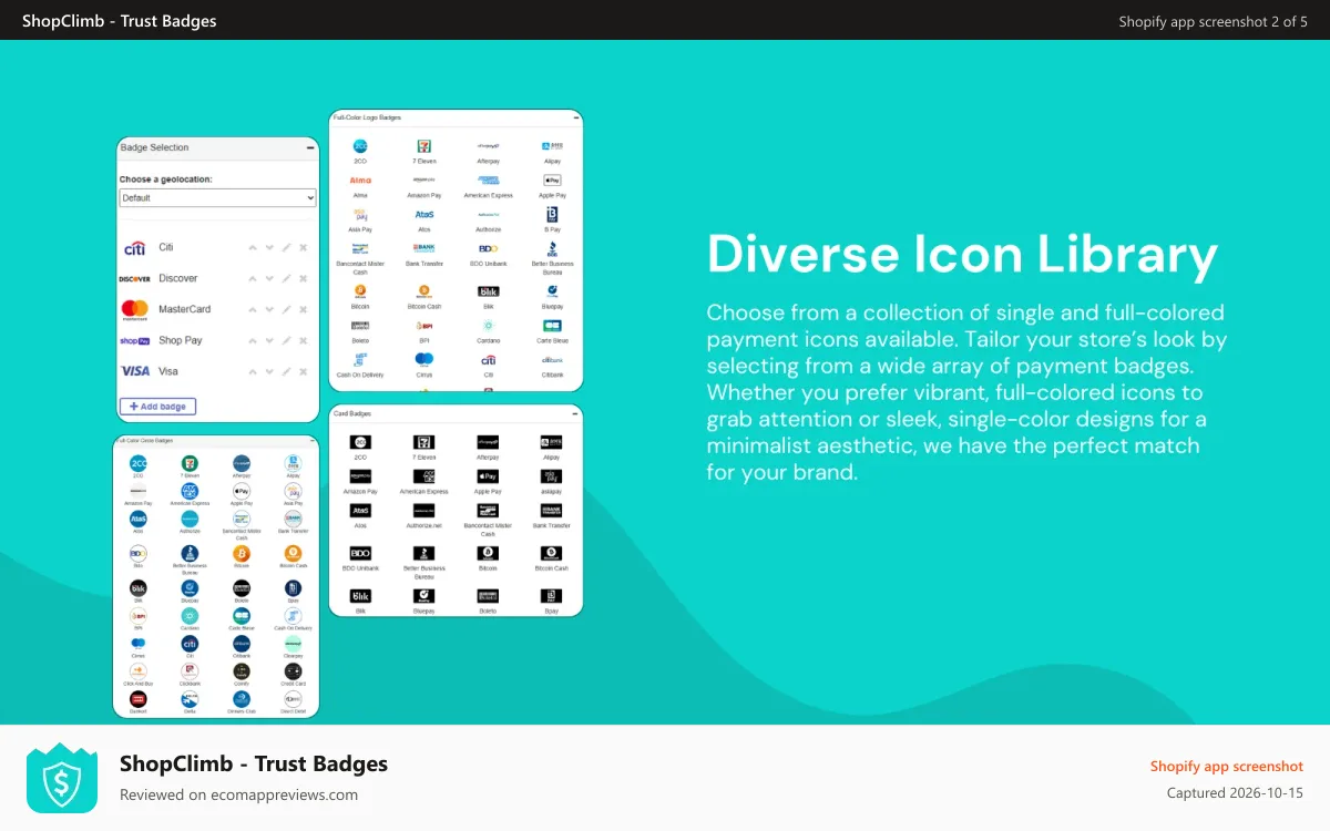 ShopClimb ‑ Trust Badges Shopify app screenshot: Payment icon library for Shopify trust badges