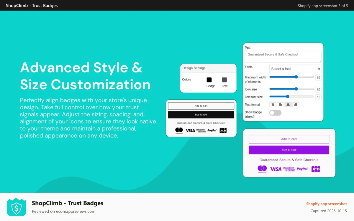 ShopClimb ‑ Trust Badges Shopify app screenshot: Customize Shopify trust badge styles and sizes