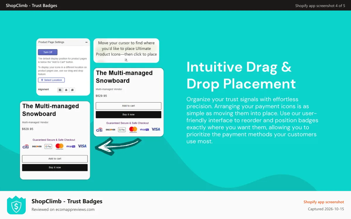 ShopClimb ‑ Trust Badges Shopify app screenshot: Drag and drop trust badge placement in Shopify
