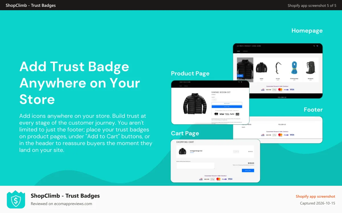 ShopClimb ‑ Trust Badges Shopify app screenshot: Add trust badges anywhere on your Shopify store