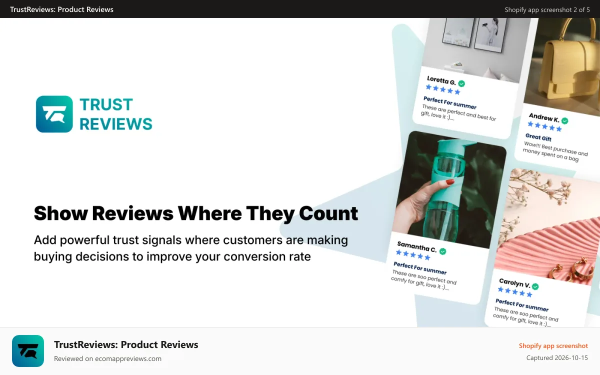 TrustReviews: Product Reviews Shopify app screenshot: Show reviews where they count