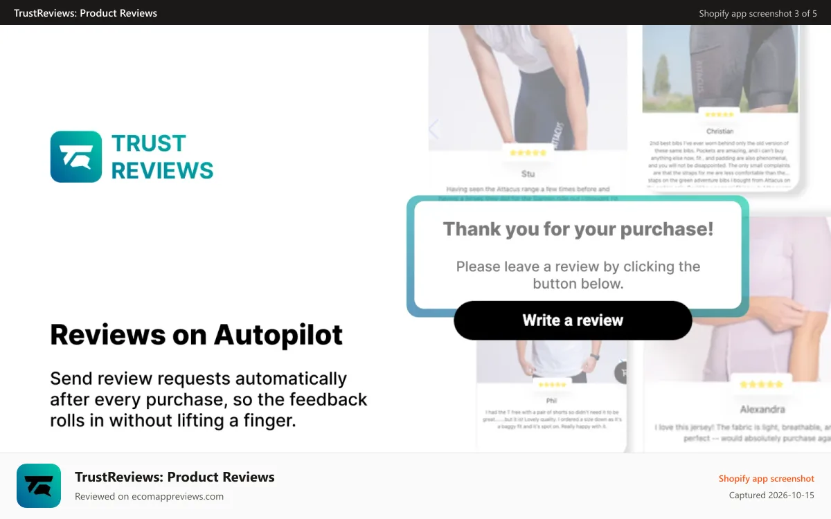 TrustReviews: Product Reviews Shopify app screenshot: Collect reviews on autopilot and connect loyalty points schemes