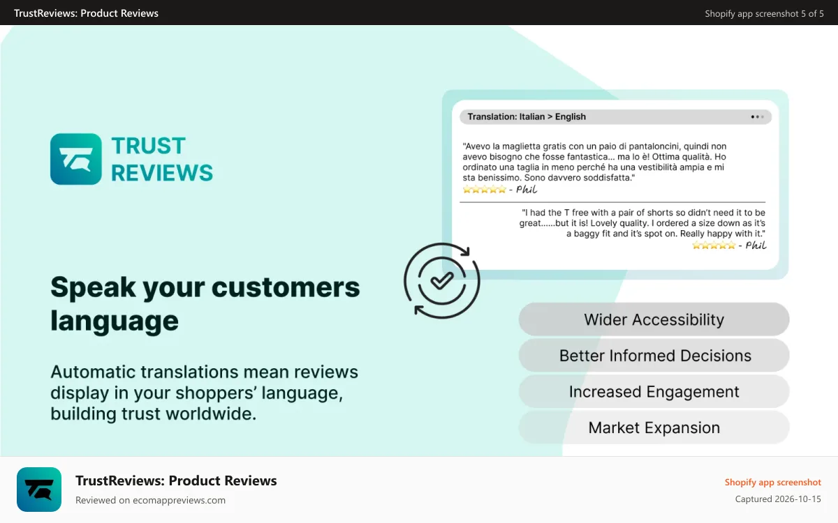 TrustReviews: Product Reviews Shopify app screenshot: Translate your reviews into the customers language