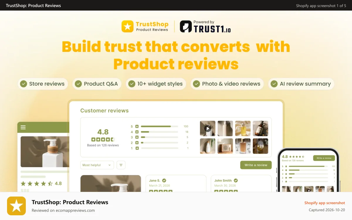 TrustShop: Product Reviews Shopify app screenshot: Turn product reviews & ratings into trust and higher conversions