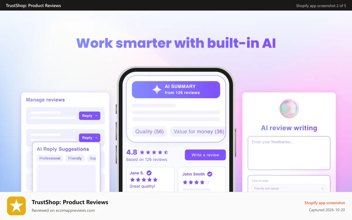 TrustShop: Product Reviews Shopify app screenshot: AI review app: AI review summary, AI review reply, AI review wri