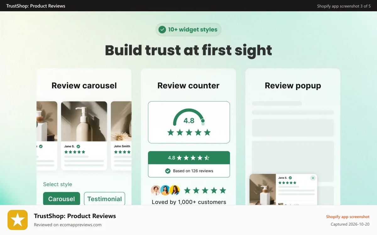 TrustShop: Product Reviews Shopify app screenshot: Review widgets: testimonials, review carousel, review counter