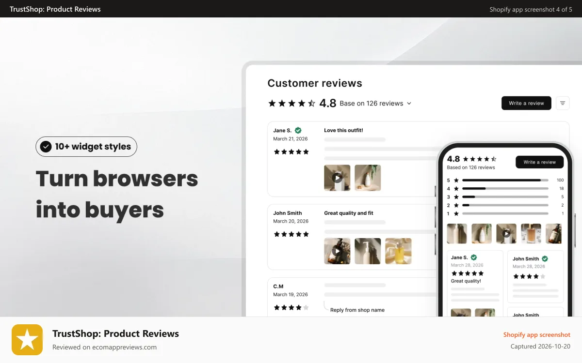 TrustShop: Product Reviews Shopify app screenshot: Product reviews widget, review popup, review snippets