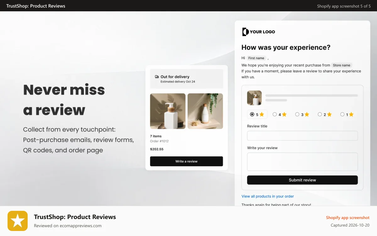 TrustShop: Product Reviews Shopify app screenshot: Automated review request emails for Shopify product reviews