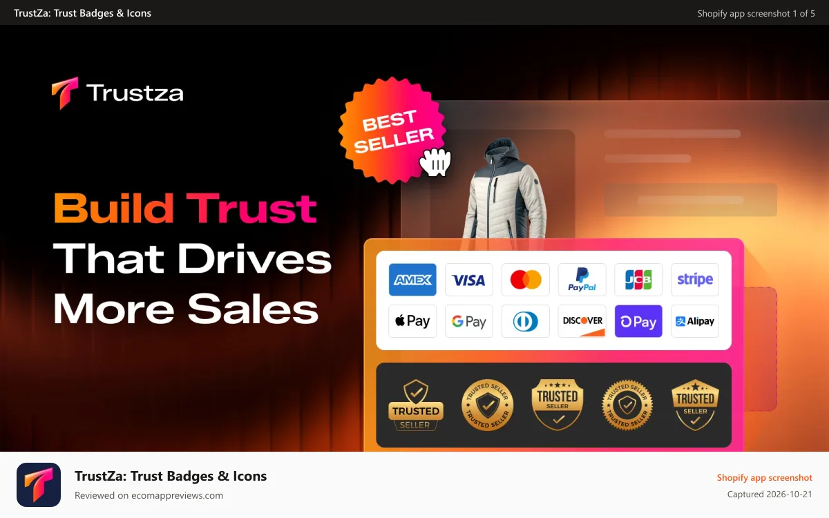 TrustZa: Trust Badges & Icons Shopify app screenshot: Build trust with trust badges, payment icons and product labels