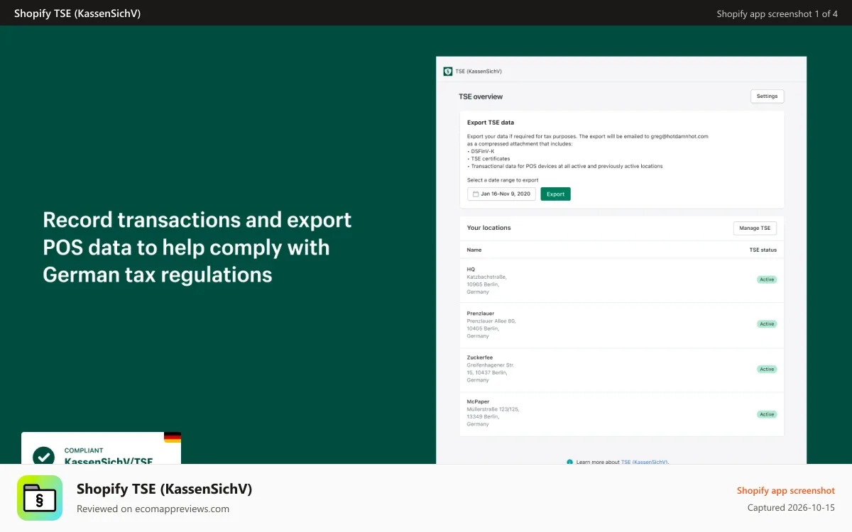 Shopify TSE (KassenSichV) Shopify app screenshot: Screen displaying TSE overview page with sample store info
