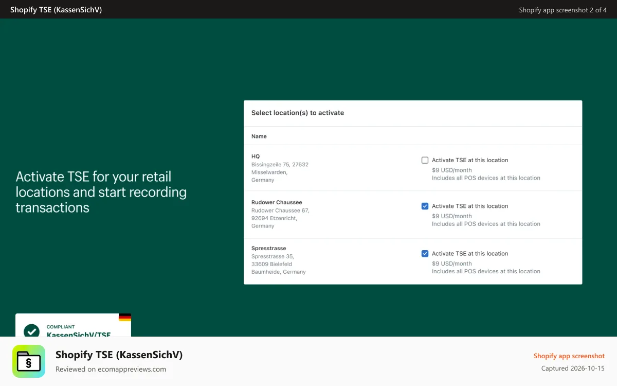 Shopify TSE (KassenSichV) Shopify app screenshot: Activate TSE for your retail locations and start recording