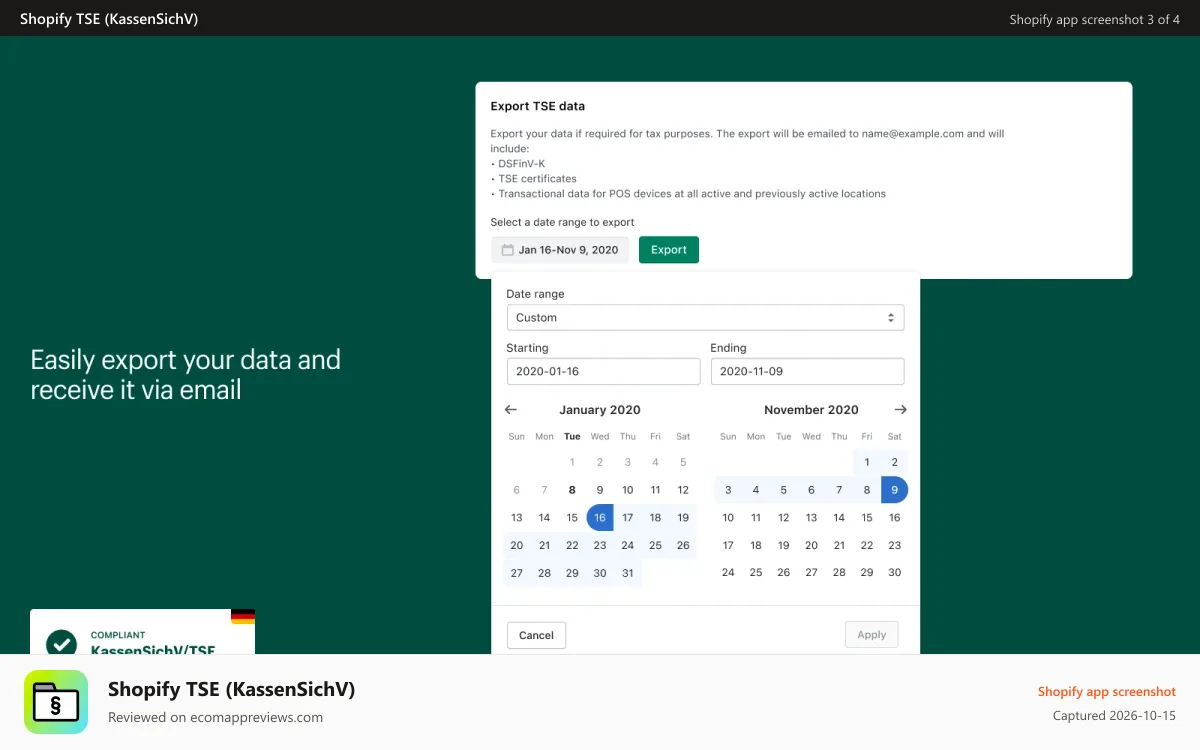 Shopify TSE (KassenSichV) Shopify app screenshot: Easily export your data and receive it via email