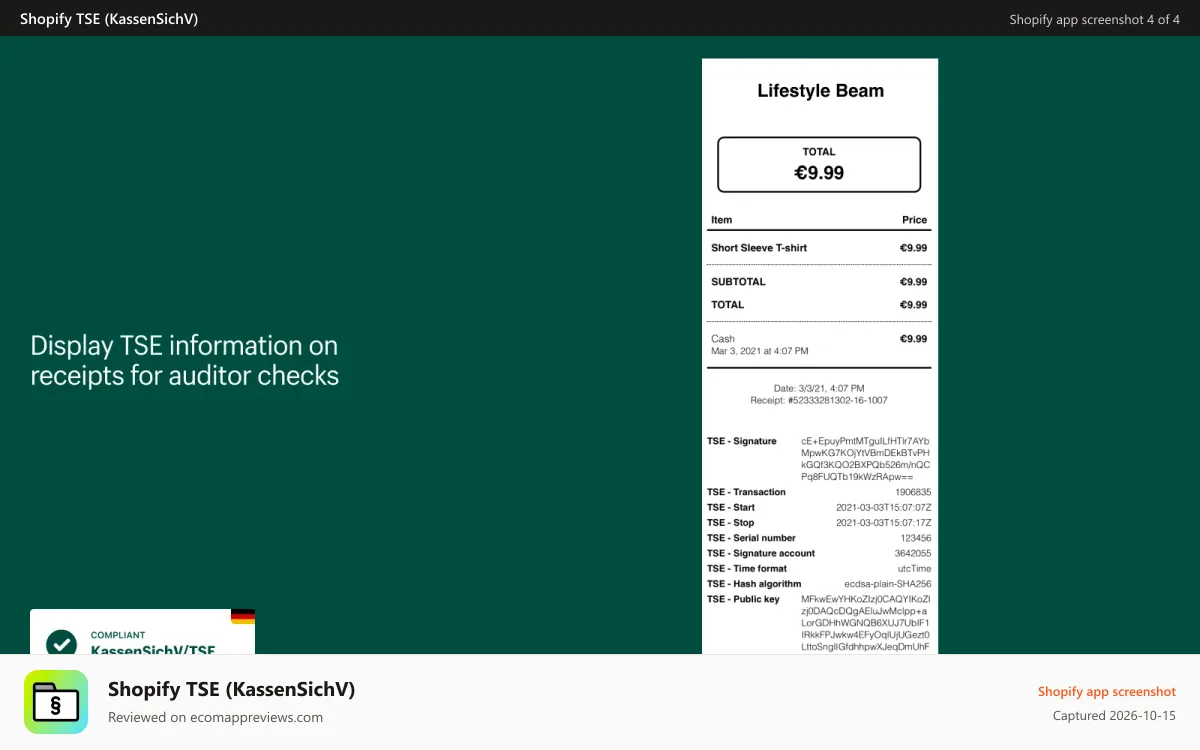 Shopify TSE (KassenSichV) Shopify app screenshot: Display TSE information on receipts for auditor checks