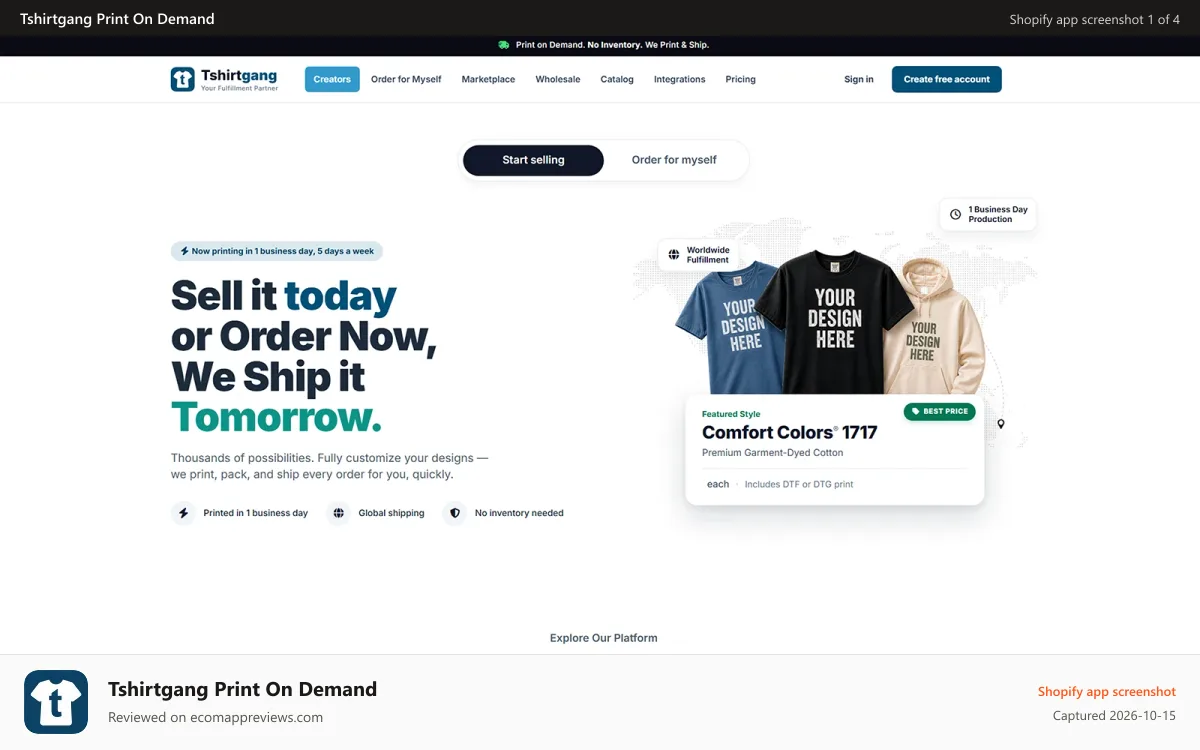 Tshirtgang Print On Demand Shopify app screenshot: Tshirtgang Homepage