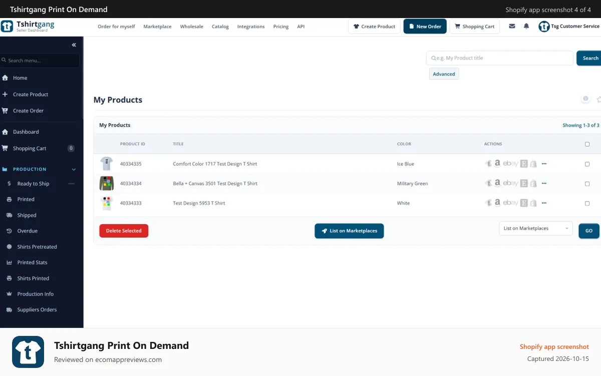 Tshirtgang Print On Demand Shopify app screenshot: Tshirtgang My Products