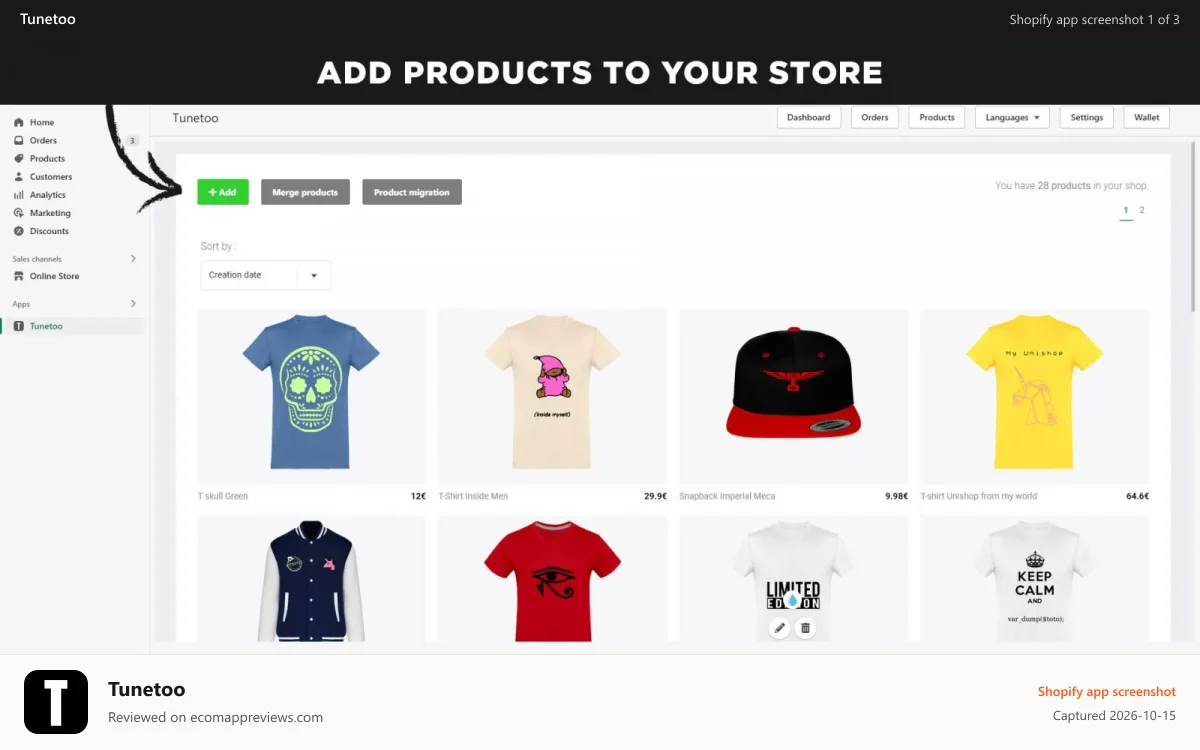 Tunetoo Shopify app screenshot: add products