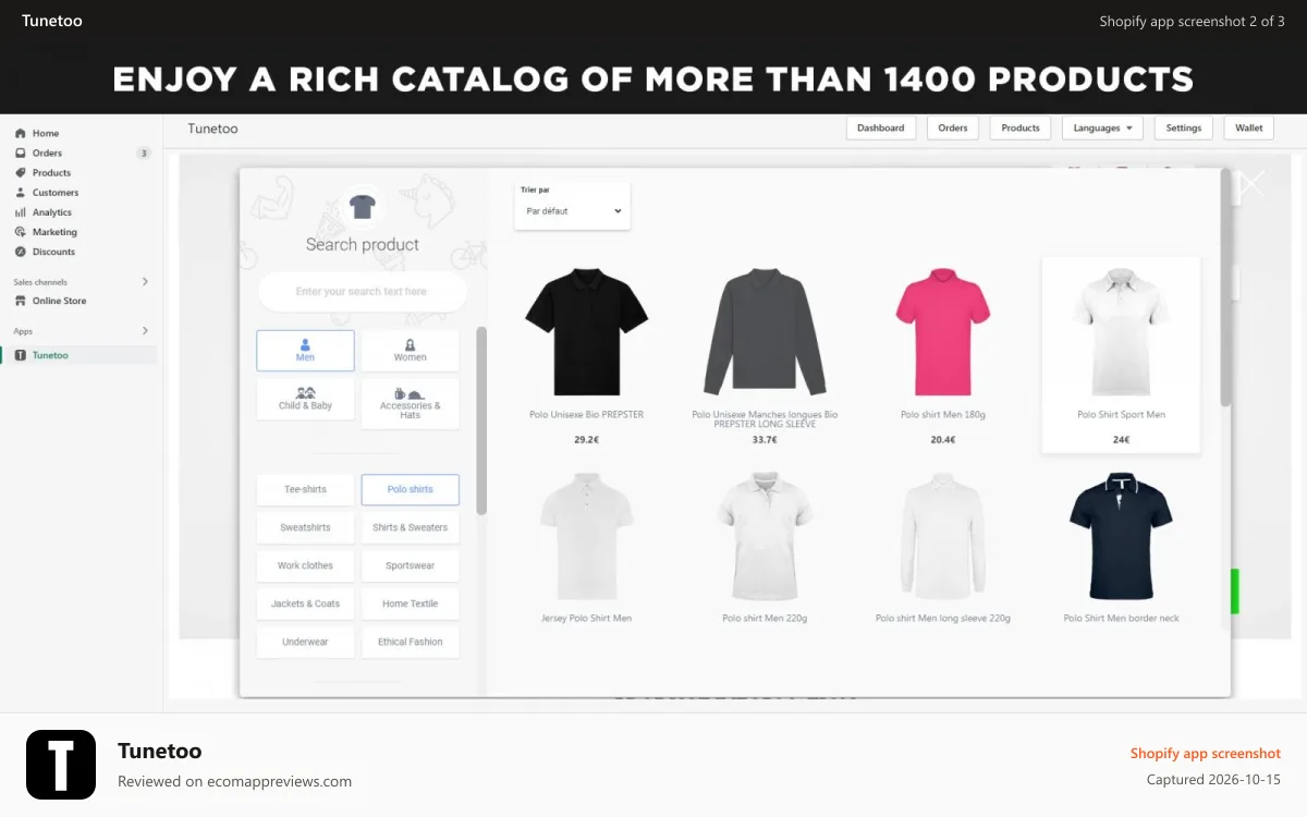 Tunetoo Shopify app screenshot: rich catalog