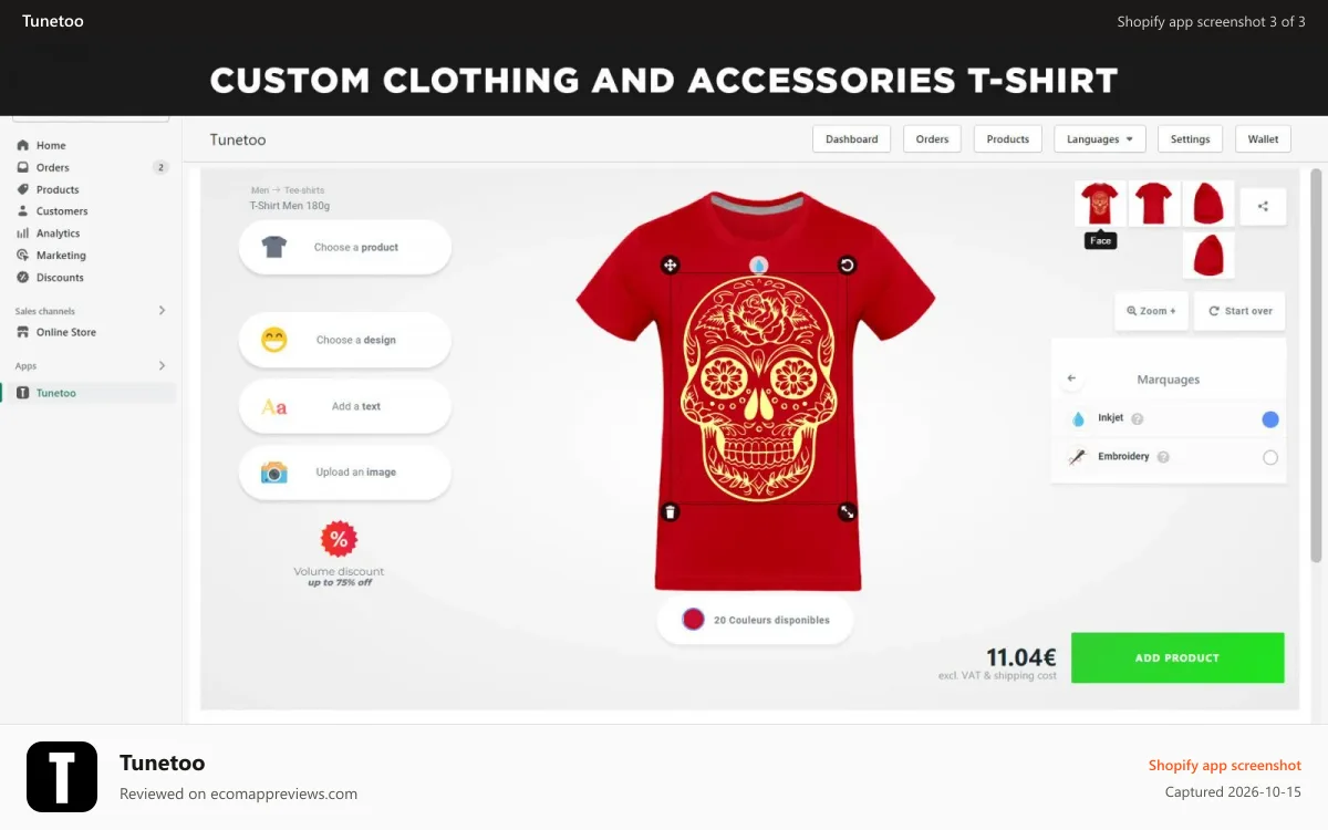 Tunetoo Shopify app screenshot: personalised clothing