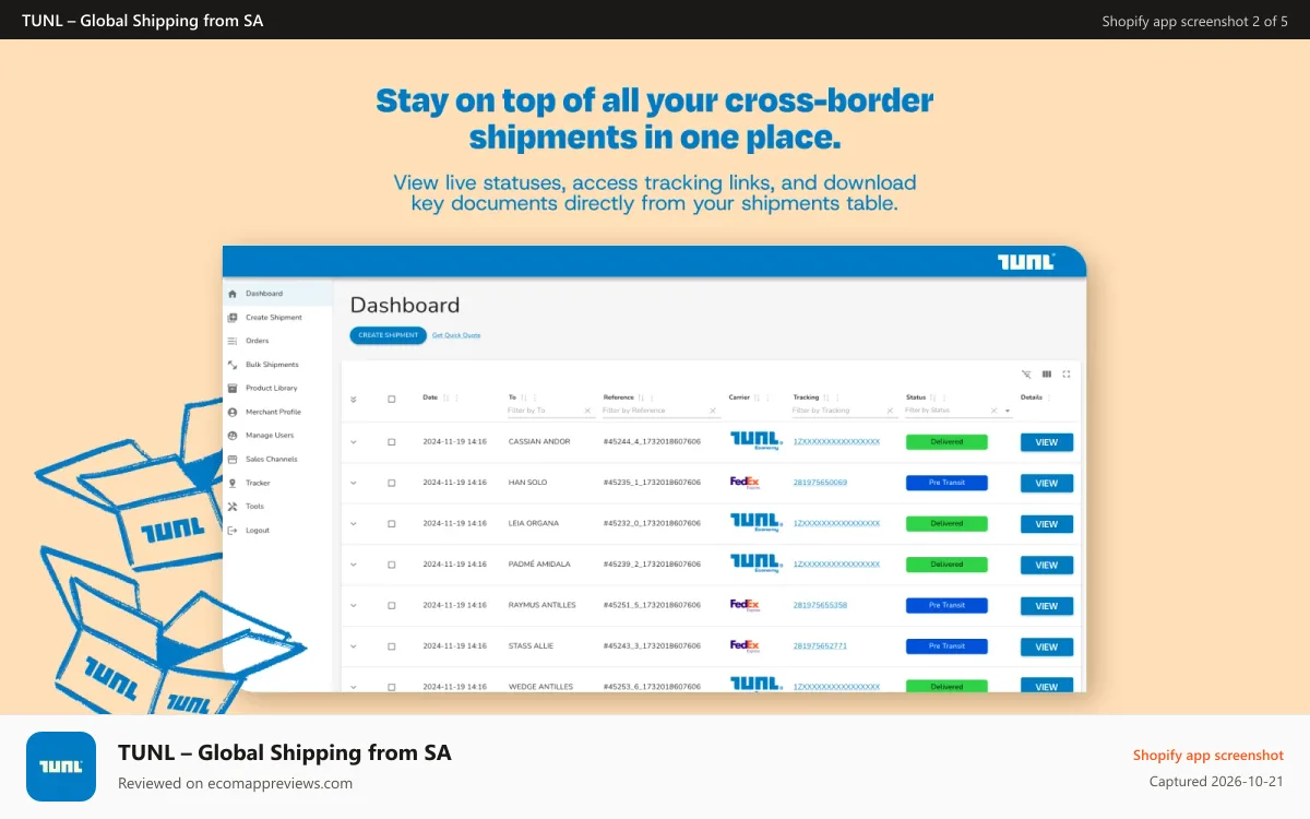 TUNL – Global Shipping from SA Shopify app screenshot: Track and manage global orders from one simple dashboard