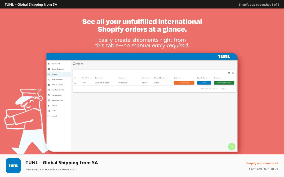 TUNL – Global Shipping from SA Shopify app screenshot: View and ship unfulfilled international orders easily