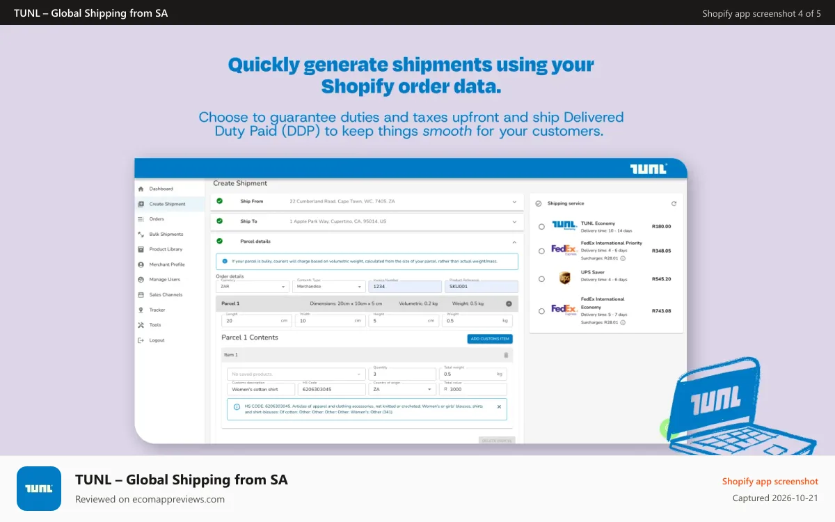 TUNL – Global Shipping from SA Shopify app screenshot: Create shipments using your order data