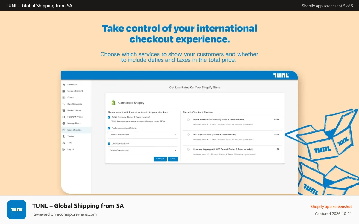 TUNL – Global Shipping from SA Shopify app screenshot: Customise checkout and control what your customer sees