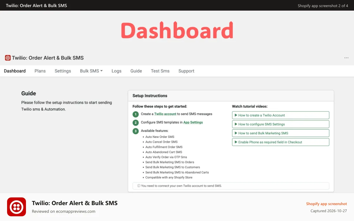 Twilio: Order Alert & Bulk SMS Shopify app screenshot: Twilio Dashboard