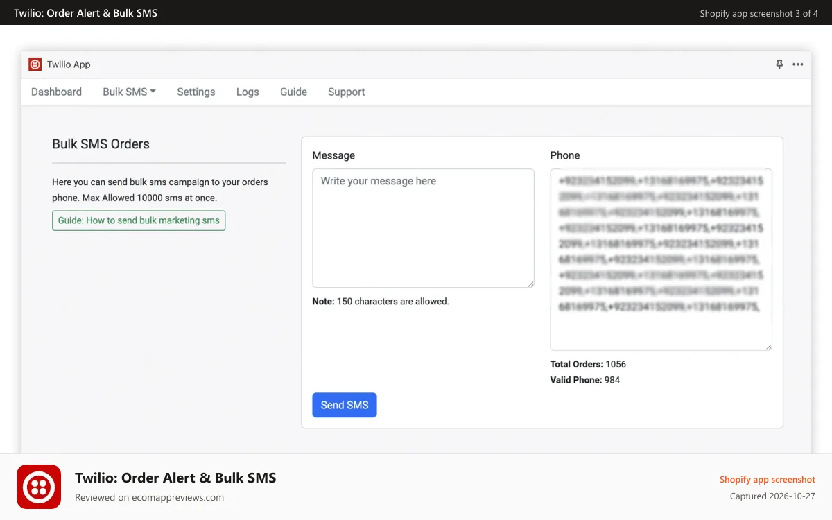 Twilio: Order Alert & Bulk SMS Shopify app screenshot: Twilio Bulk SMS