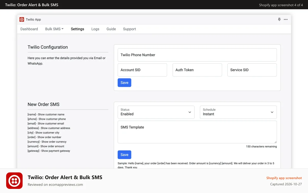 Twilio: Order Alert & Bulk SMS Shopify app screenshot: Twilio Settings