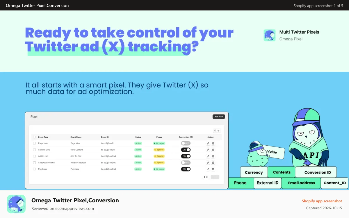 Omega Twitter Pixel,Conversion Shopify app screenshot: ready to take control of your Twitter (X) ad tracking