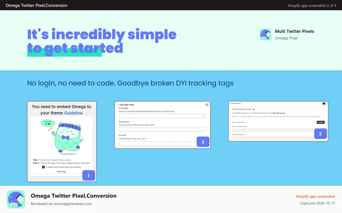 Omega Twitter Pixel,Conversion Shopify app screenshot: it's incredibly simple to get started