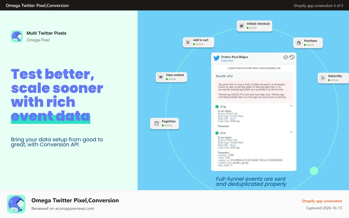 Omega Twitter Pixel,Conversion Shopify app screenshot: test better scale sooner with rich event data