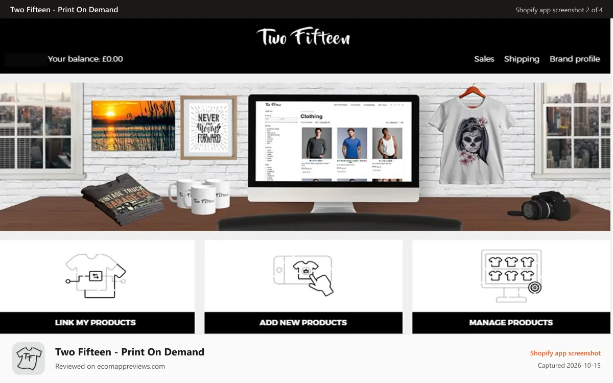 Two Fifteen ‑ Print On Demand Shopify app screenshot: Two Fifteen App Home Page
