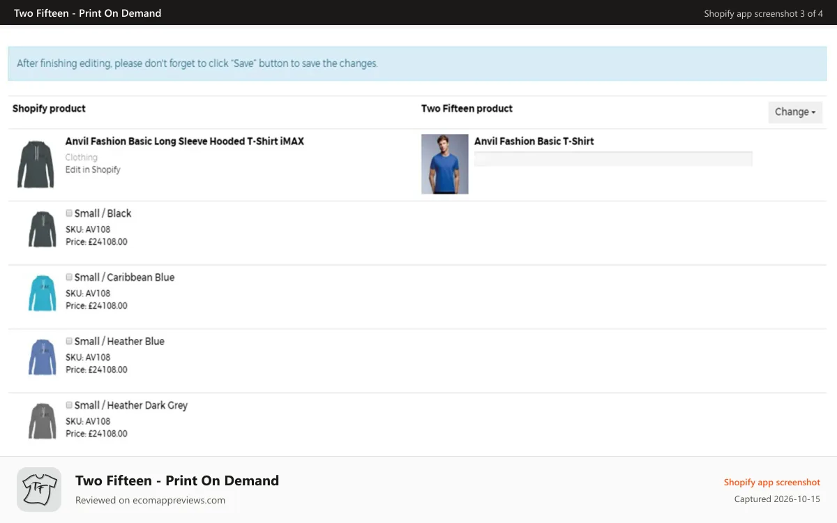 Two Fifteen ‑ Print On Demand Shopify app screenshot: Two Fifteen App Link Products