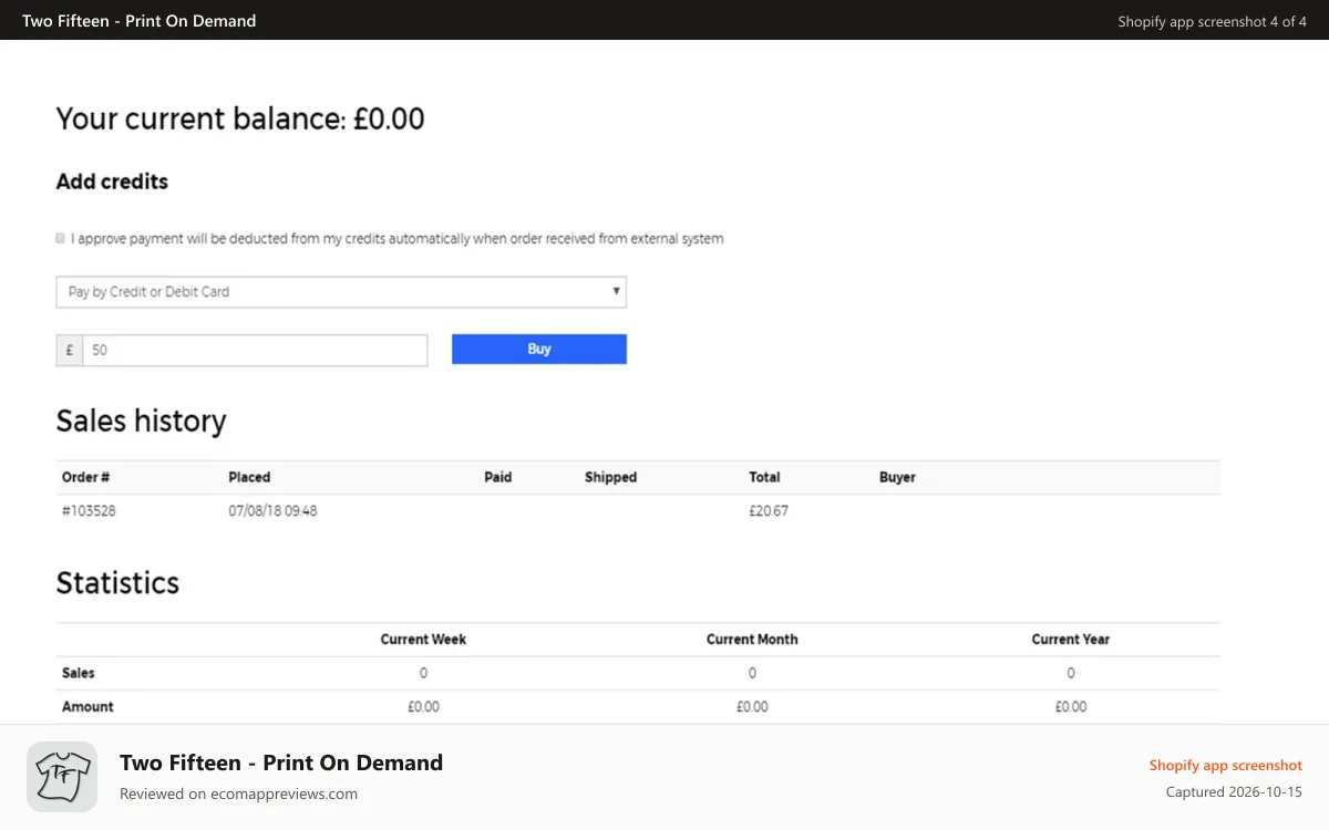Two Fifteen ‑ Print On Demand Shopify app screenshot: Two Fifteen App Add Credits