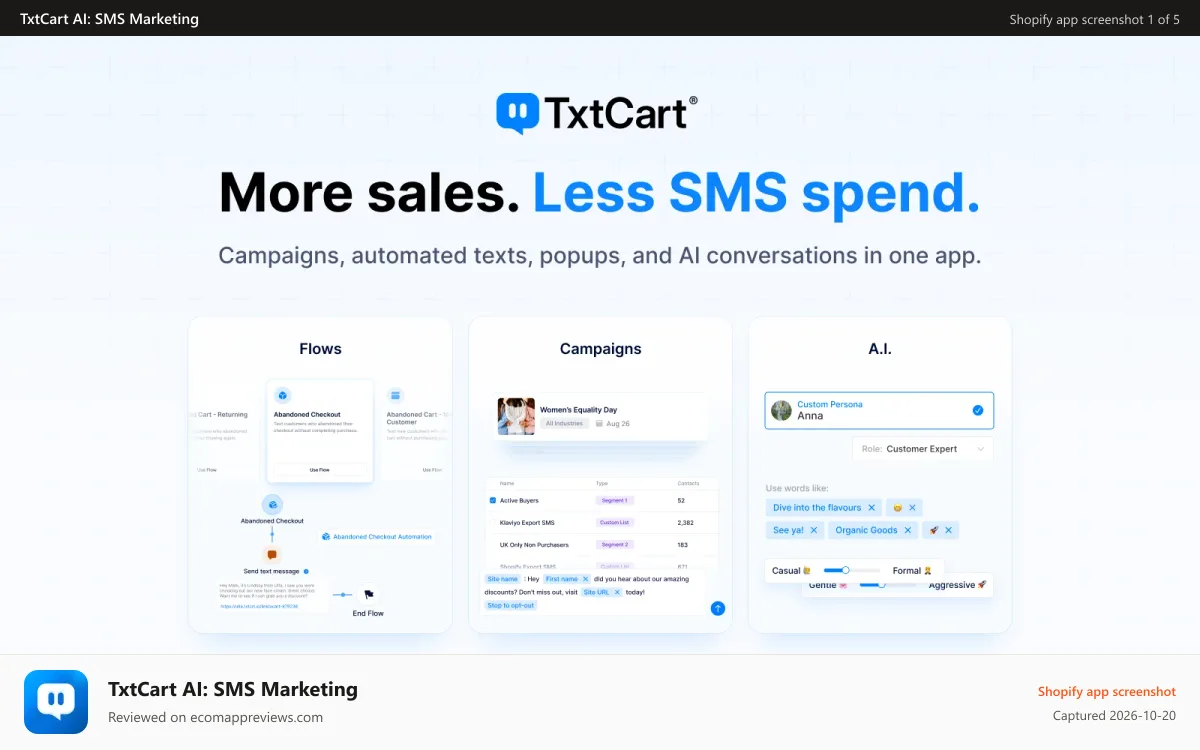 TxtCart AI: SMS Marketing Shopify app screenshot: SMS, MMS, SMS Marketing, Abandoned Cart, SMS Cart Recovery