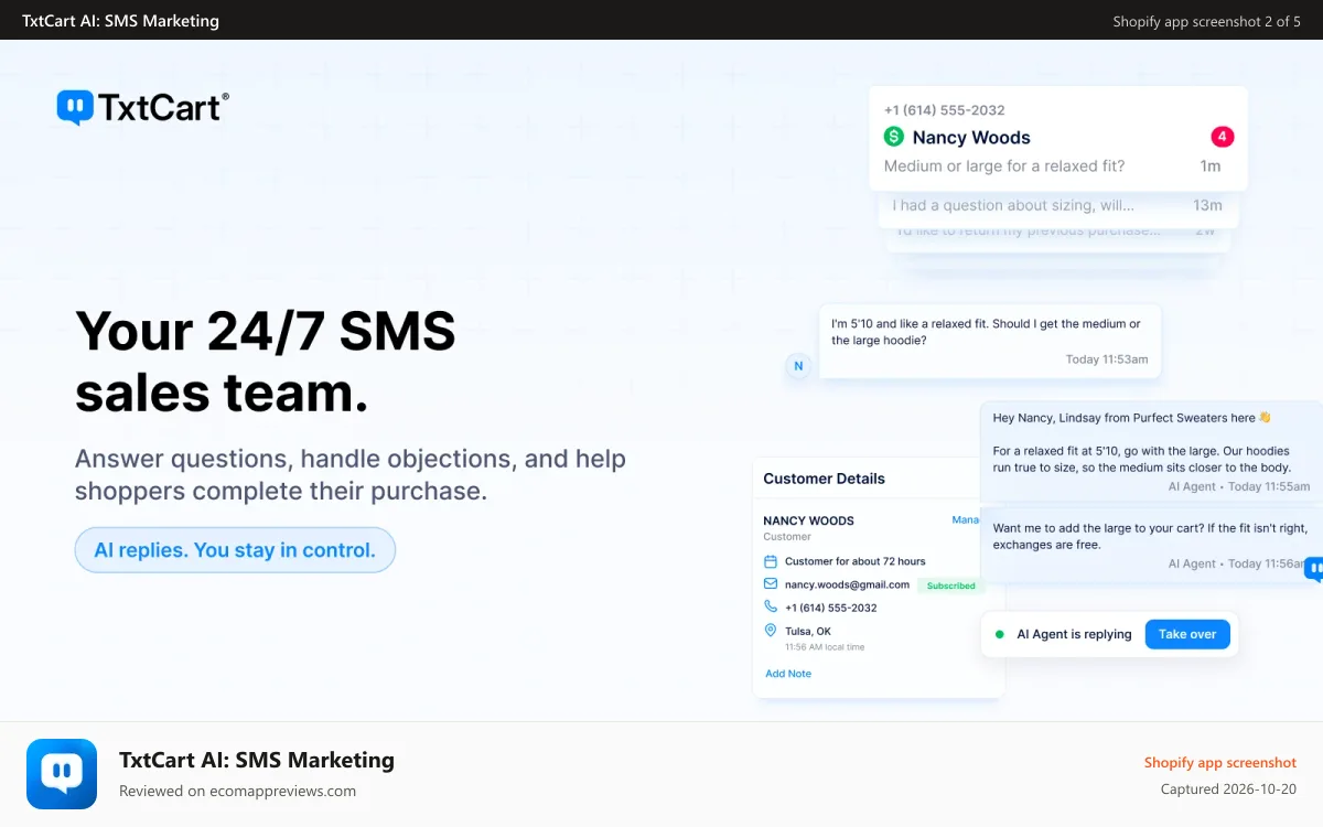 TxtCart AI: SMS Marketing Shopify app screenshot: SMS, MMS, SMS Marketing, Abandoned Cart, SMS Cart Recovery